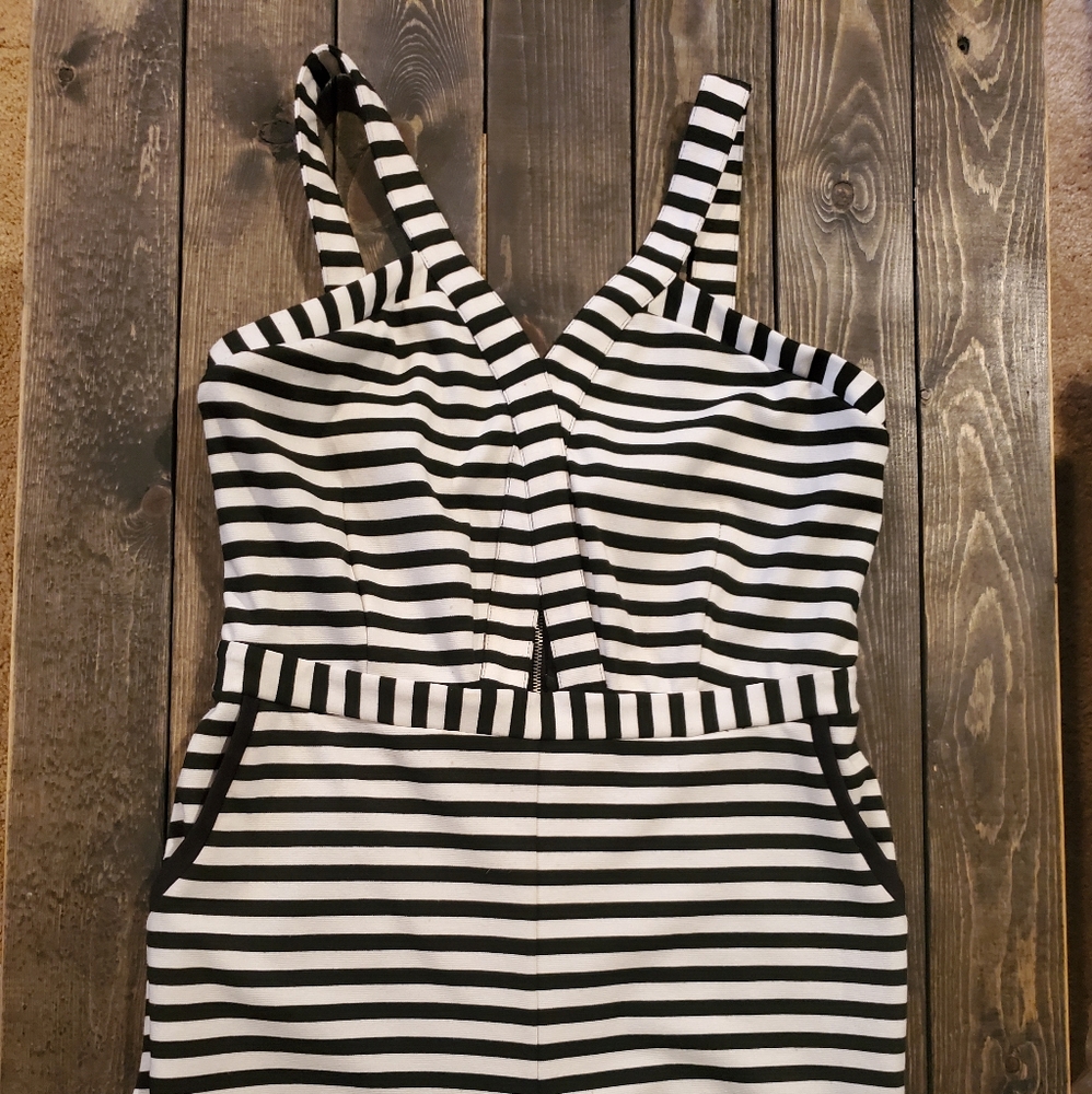 Black and White Striped Romper with Zip Back
